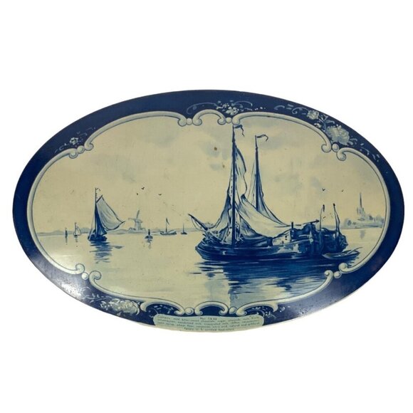 Vintage Droste Haarlem Holland Empty Tin Container Oval Blue White Designs - Picture 2 of 8